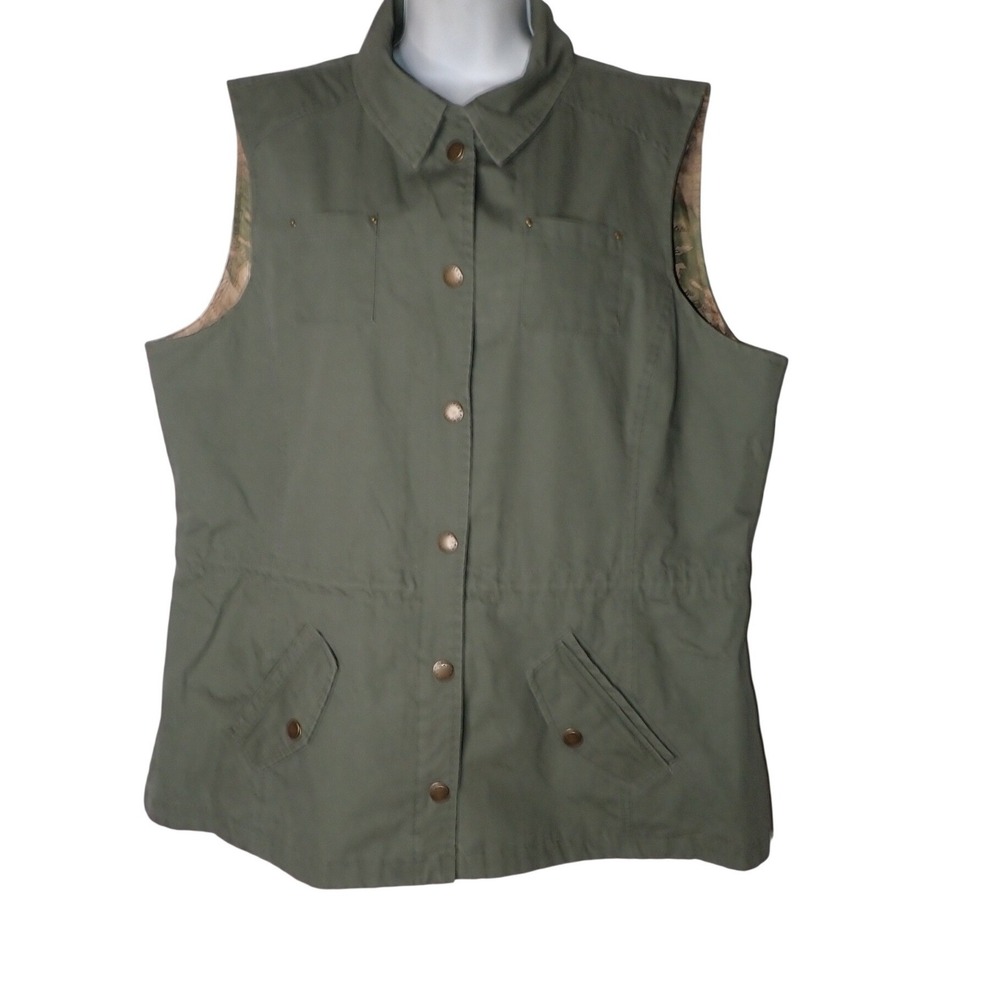 Orvis Women's Safari Utility Field Vest Green Map Lining Cotton XL Vintage Snap
